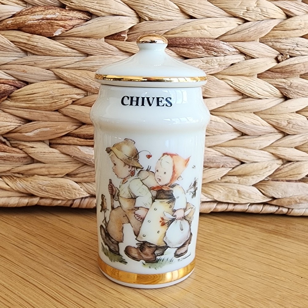 Vintage M. J. Hummel Chives Ceramic Jar with Gold Accents